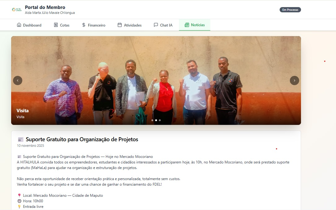 Portal do Membro da Hitalhula com registo da visita à escola e divulgação de apoio gratuito